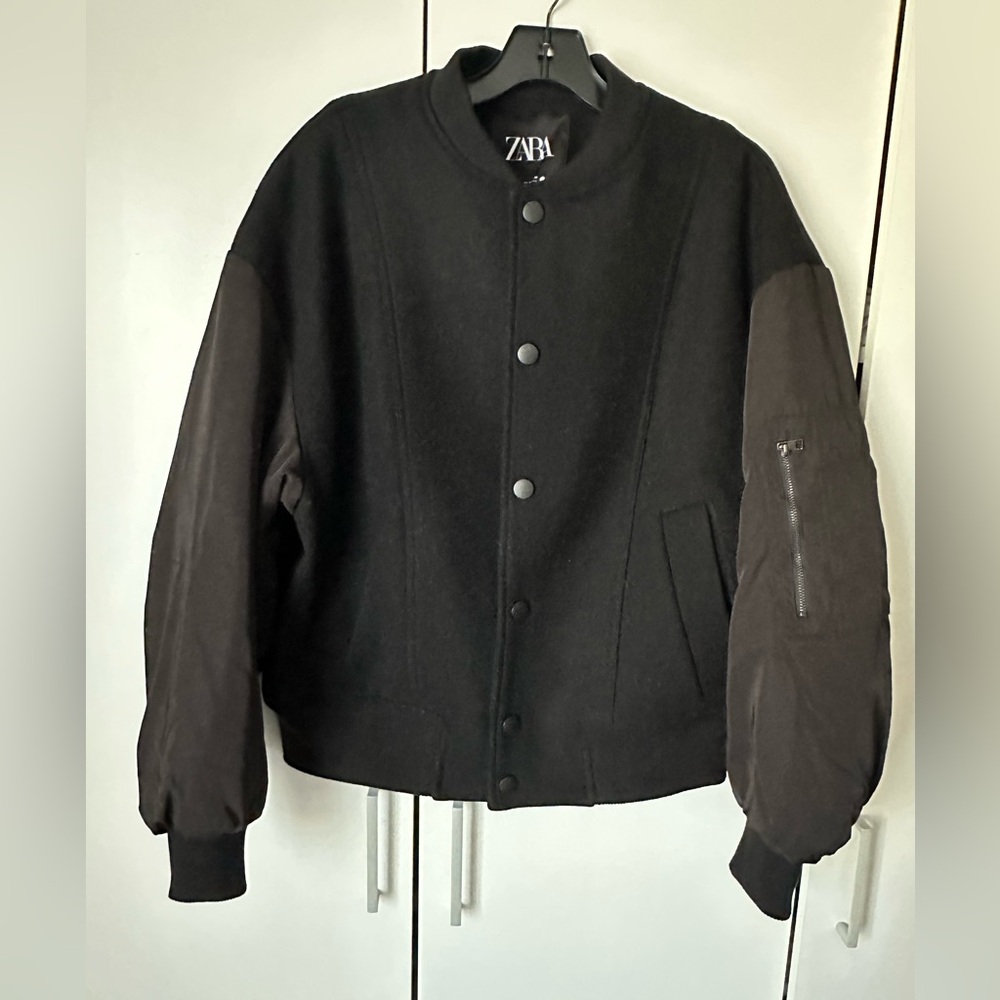 Zara Bomber Jacket Black Wool Blend Snap Front Lined Women’s Sz M